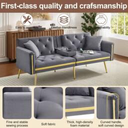 BTM 2 Seater Sofa Bed Convertible Sofa Adjustable Backrest Cup Holders in Grey - thumbnail 6