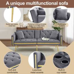 BTM 2 Seater Sofa Bed Convertible Sofa Adjustable Backrest Cup Holders in Grey - thumbnail 7