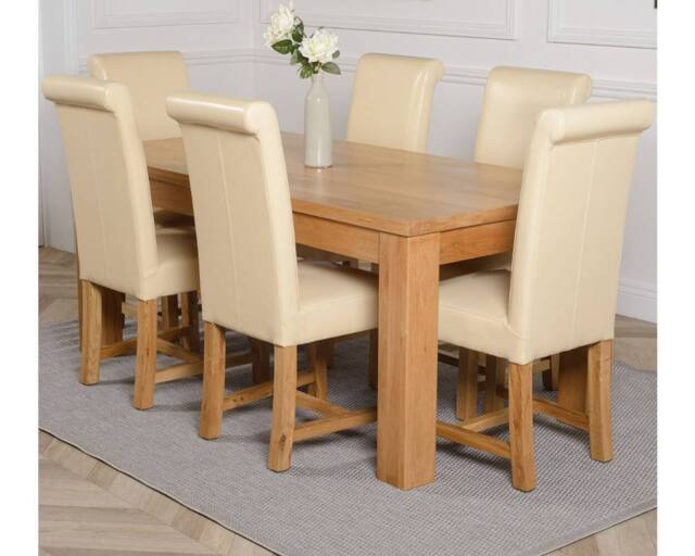Thats Furniture Dakot 182 x 92cm Oak Large Dining Table & 6 Washington Leather Chairs in Cream - Size: 182 x 92 cm - image 1