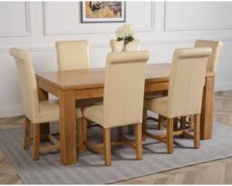 Thats Furniture Dakot 182 x 92cm Oak Large Dining Table & 6 Washington Leather Chairs in Cream - Size: 182 x 92 cm - thumbnail 3