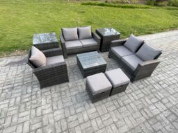 Fimous 7 Seater Outdoor Rattan Garden Furniture Set Conservatory Patio Sofa Coffee Table Set with Chair 2 Side Tables 2 Small Footstools in Dark Grey - thumbnail 2