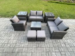 Fimous 7 Seater Outdoor Rattan Garden Furniture Set Conservatory Patio Sofa Coffee Table Set with Chair 2 Side Tables 2 Small Footstools in Dark Grey - thumbnail 1