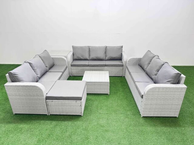 Fimous PE Rattan Lounge Sofa Set 10 Seater Outdoor Garden Furniture Set with Square Coffee Table 3 Seater Sofa Big Footstool Side Table Light Grey - image 1