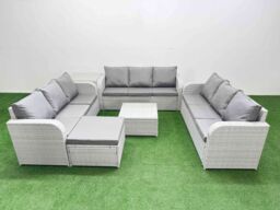 Fimous PE Rattan Lounge Sofa Set 10 Seater Outdoor Garden Furniture Set with Square Coffee Table 3 Seater Sofa Big Footstool Side Table Light Grey - thumbnail 1