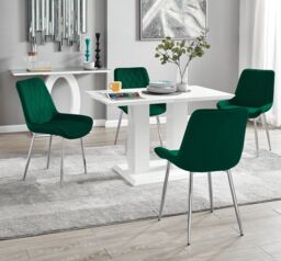 FurnitureboxUK Imperia 4 Seater Modern White High Gloss Rectangular Dining Table & 4 Persaro Velvet Chairs in Green