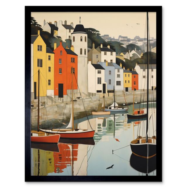 "Artery8 Wall Art Print Dartmouth Harbour Boats Watercolour Painting Devon Scenic River Dart Townscape Art Framed in Black - Size: W12"" x H16""" - image 1