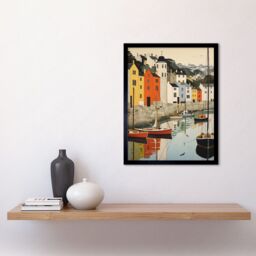 "Artery8 Wall Art Print Dartmouth Harbour Boats Watercolour Painting Devon Scenic River Dart Townscape Art Framed in Black - Size: W12"" x H16""" - thumbnail 2