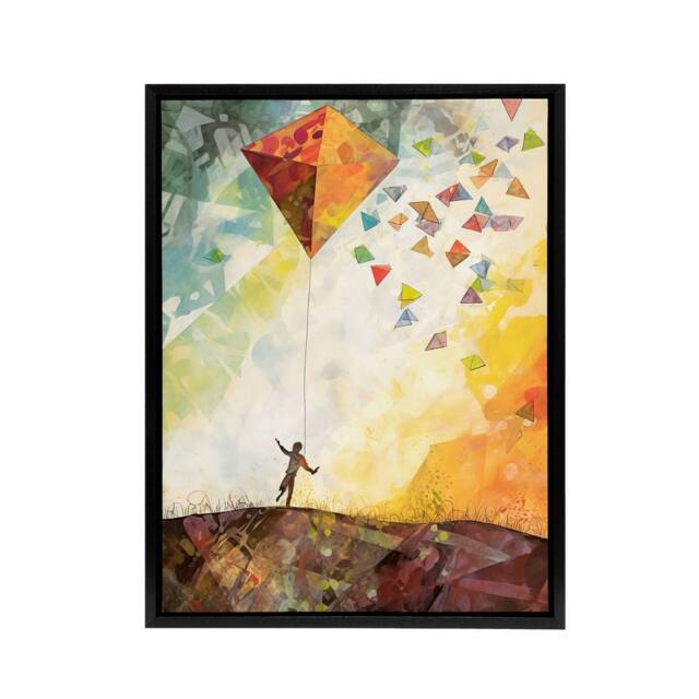 "Artery8 Child Flying Big Kite In Rainbow Sky Framed Canvas Wall Art Print - Size: W12"" x H16""" - image 1