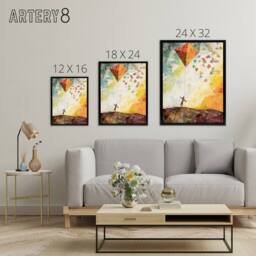 "Artery8 Child Flying Big Kite In Rainbow Sky Framed Canvas Wall Art Print - Size: W12"" x H16""" - thumbnail 4