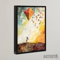 "Artery8 Child Flying Big Kite In Rainbow Sky Framed Canvas Wall Art Print - Size: W12"" x H16""" - thumbnail 2