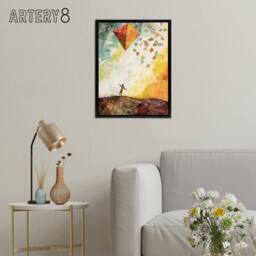"Artery8 Child Flying Big Kite In Rainbow Sky Framed Canvas Wall Art Print - Size: W12"" x H16""" - thumbnail 3