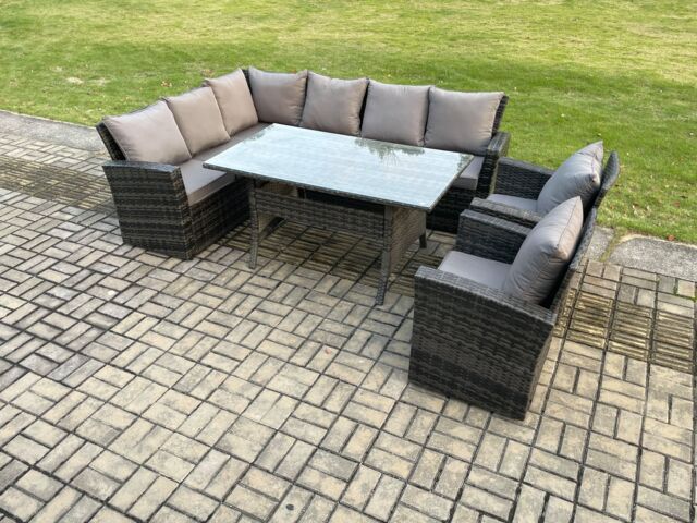 Fimous 8 Seater Garden Rattan Furniture Corner Dining Set with Armchair Indoor Outdoor Lounge Sofa Set Dark Grey Mixed - image 1