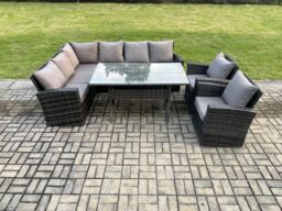 Fimous 8 Seater Garden Rattan Furniture Corner Dining Set with Armchair Indoor Outdoor Lounge Sofa Set Dark Grey Mixed - thumbnail 2