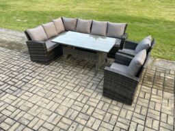 Fimous 8 Seater Garden Rattan Furniture Corner Dining Set with Armchair Indoor Outdoor Lounge Sofa Set Dark Grey Mixed - thumbnail 1