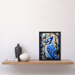 Artery8 Wall Art Print Blue Jay Geometric Artwork Wild Bird Perched on Tree Polygonal Forest Landscape Artwork Framed A4 in Black - thumbnail 2
