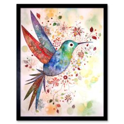 "Artery8 Wall Art Print Hummingbird With Flower Patterns Folk Art Watercolour Painting Art Framed in Black - Size: W12"" x H16""" - thumbnail 1