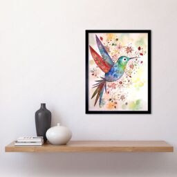 "Artery8 Wall Art Print Hummingbird With Flower Patterns Folk Art Watercolour Painting Art Framed in Black - Size: W12"" x H16""" - thumbnail 2