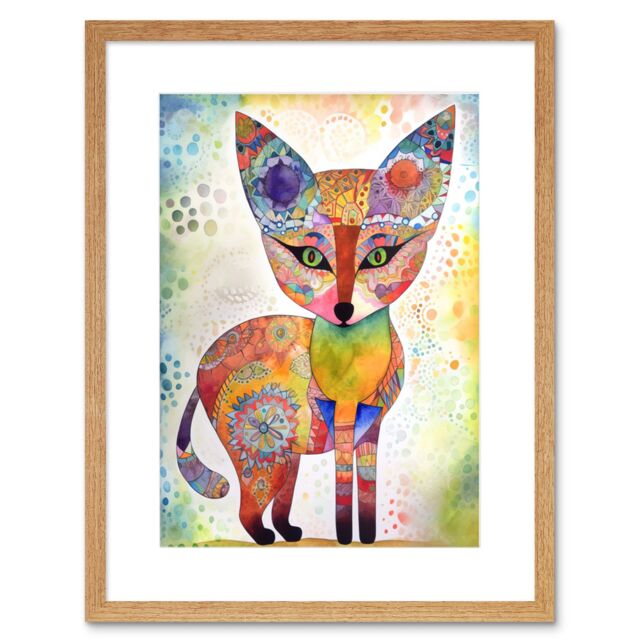 "Artery8 Wall Art Print Fox Folk Art Watercolour Painting Artwork Framed 9X7 Inch in Beige - Size: W7"" x H9""" - image 1