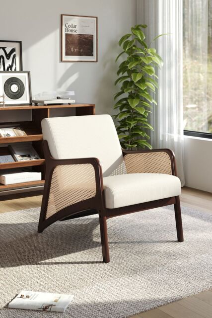 H&O Direct Beige Backrest Corduroy Upholstered Armchair with Rattan Armrest - image 1