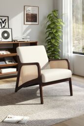 H&O Direct Beige Backrest Corduroy Upholstered Armchair with Rattan Armrest - thumbnail 1