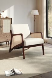 H&O Direct Beige Backrest Corduroy Upholstered Armchair with Rattan Armrest - thumbnail 2
