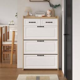 Merax White & Natural Slimline 3-Tier Tilt-Out Shoe Cabinet with Drawers - thumbnail 3