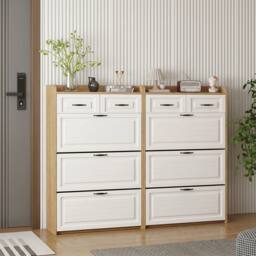 Merax White & Natural Slimline 3-Tier Tilt-Out Shoe Cabinet with Drawers - thumbnail 7