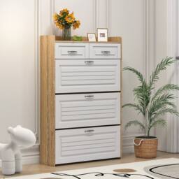 Merax White & Natural Slimline 3-Tier Tilt-Out Shoe Cabinet with Drawers - thumbnail 5