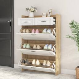Merax White & Natural Slimline 3-Tier Tilt-Out Shoe Cabinet with Drawers