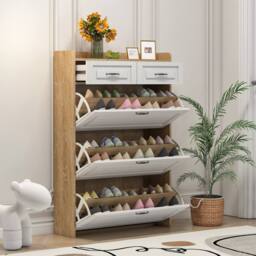 Merax White & Natural Slimline 3-Tier Tilt-Out Shoe Cabinet with Drawers - thumbnail 9