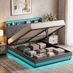 HOMCOM Lift up Storage Bed Frame with RGB LED Lights, 150 x 200cm, Dark Grey - Size: King - thumbnail 1