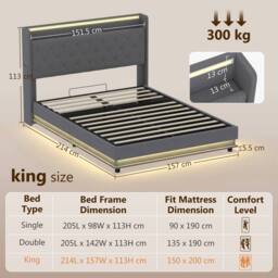 HOMCOM Lift up Storage Bed Frame with RGB LED Lights, 150 x 200cm, Dark Grey - Size: King - thumbnail 3