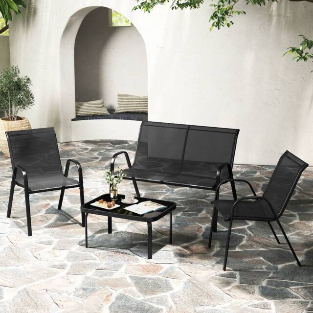 Costway 4PCS Patio Conversation Furniture Set Outdoor Metal Table & Chair Set in Black - image 1