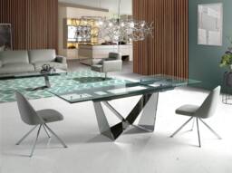 Angel Cerda Rectangular Extendable Dining Table, Tempered Glass, Chrome Legs in Silver - thumbnail 3
