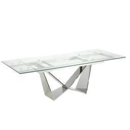 Angel Cerda Rectangular Extendable Dining Table, Tempered Glass, Chrome Legs in Silver