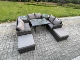 Fimous Outdoor Rattan Garden Furniture Set 8 Seater Patio Love Sofa Set with Rectangular Dining Table 2 Big Footstool 2 Side Tables in Dark Grey - thumbnail 1