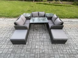 Fimous Outdoor Rattan Garden Furniture Set 8 Seater Patio Love Sofa Set with Rectangular Dining Table 2 Big Footstool 2 Side Tables in Dark Grey - thumbnail 2