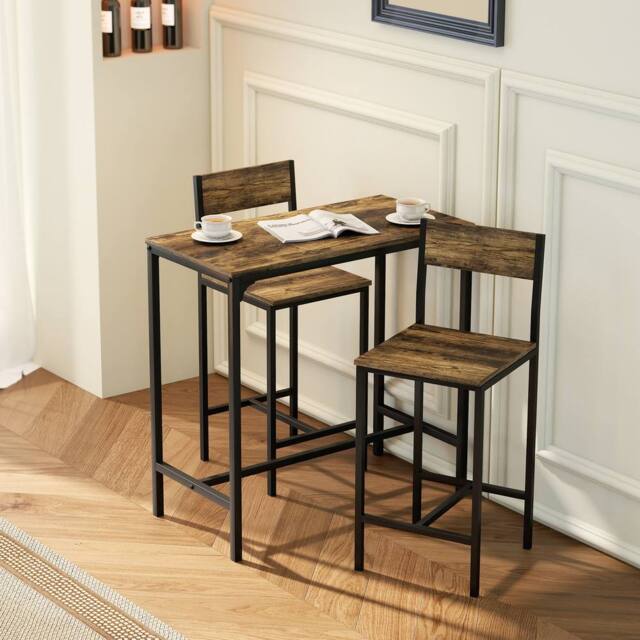 HOMCOM 3-Piece Bar Table Set with 2 Stools, Footrest in Dark Brown - image 1