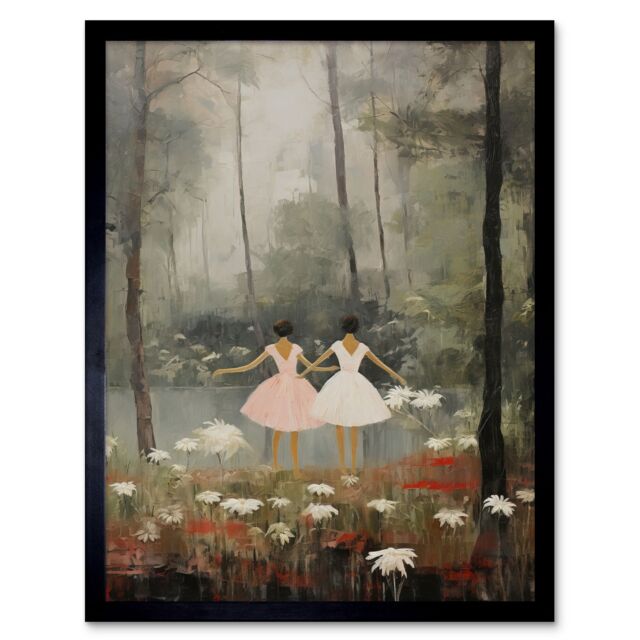 "Artery8 Wall Art Print Forest Ballet Oil Painting Kids Bedroom Ballerinas Gracefully Dancing by a Lake Art Framed in Black - Size: W12"" x H16""" - image 1