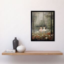 "Artery8 Wall Art Print Forest Ballet Oil Painting Kids Bedroom Ballerinas Gracefully Dancing by a Lake Art Framed in Black - Size: W12"" x H16""" - thumbnail 2