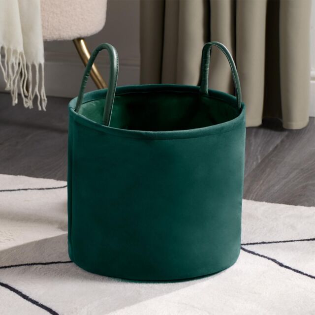 OHS Velvet Storage Basket Hamper Clothes Toys Organiser Fabric Bag in Dark Green - image 1