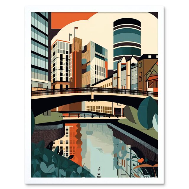 "Artery8 Wall Art Print Birmingham City Centre Canal Geometric Cityscape Art Framed in White - Size: W12"" x H16""" - image 1