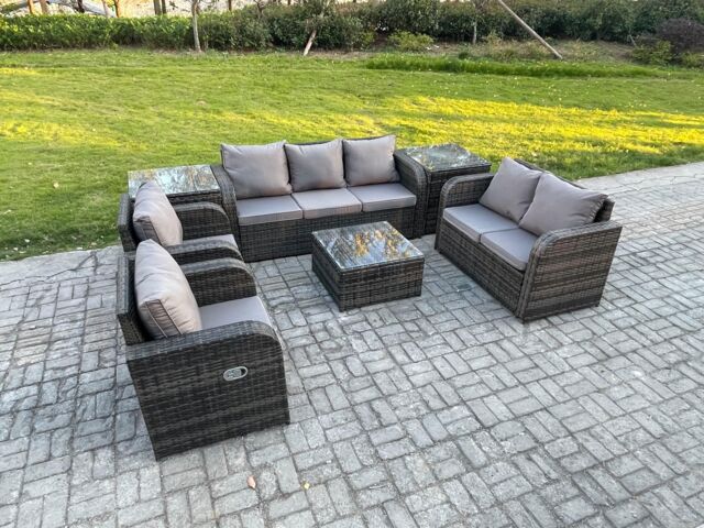 Fimous 7 Seater Garden Furniture Set Rattan Outdoor Lounge Sofa Chair With Tempered Glass Table 2 Side Tables Dark Grey Mixed - image 1