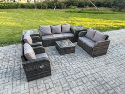 Fimous 7 Seater Garden Furniture Set Rattan Outdoor Lounge Sofa Chair With Tempered Glass Table 2 Side Tables Dark Grey Mixed - thumbnail 1