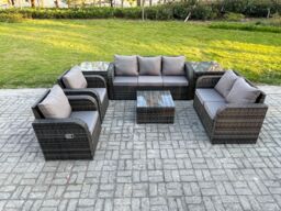 Fimous 7 Seater Garden Furniture Set Rattan Outdoor Lounge Sofa Chair With Tempered Glass Table 2 Side Tables Dark Grey Mixed - thumbnail 2