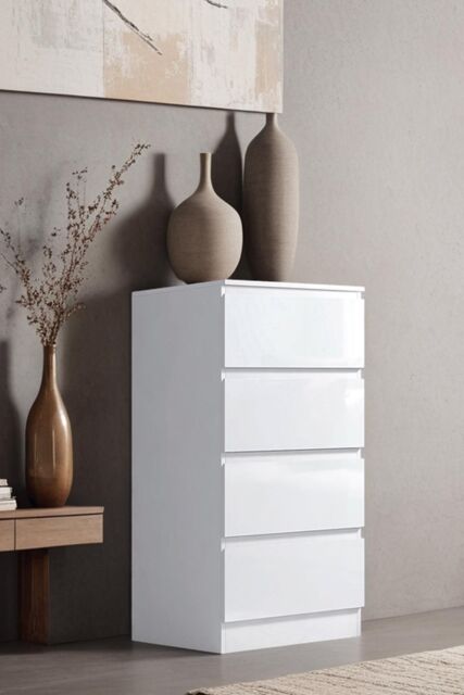 FWStyle 4 Drawer Gloss Chest Of Drawers Bedroom Storage Tall Slim Design in White - image 1