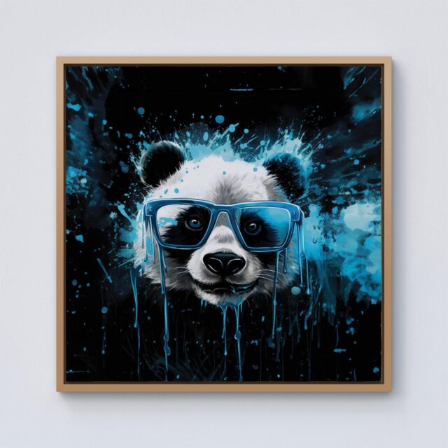 "Warren Reed - Designer Blue Splashart Panda Face Framed Canvas in Light Brown - Size: W30"" x H30""" - image 1