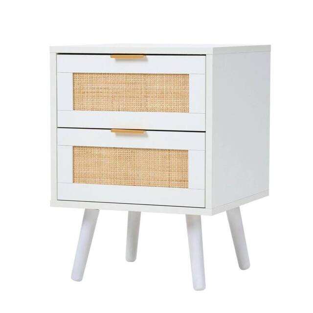 KORVIXA White 2 Pack Rattan Bedside Cabinet 2 Drawer - Size: 100 cm x 100 cm - image 1