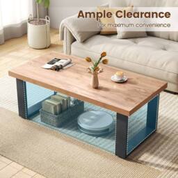 Costway Rustic Coffee Table 120cm Farmhouse Style Accent Table in Light Oak - thumbnail 5