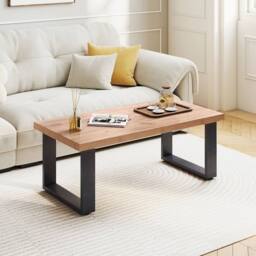 Costway Rustic Coffee Table 120cm Farmhouse Style Accent Table in Light Oak - thumbnail 1